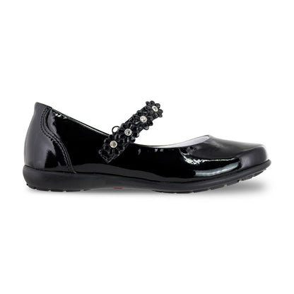 Zapato Escolar Niña 9719 Piel Charol Negro con Flores y Piedras con Brillo