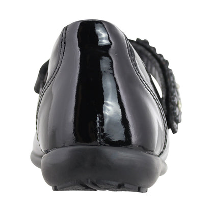 Zapato Escolar Niña 9719 Piel Charol Negro con Flores y Piedras con Brillo