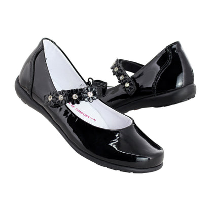 Zapato Escolar Niña 9719 Piel Charol Negro con Flores y Piedras con Brillo