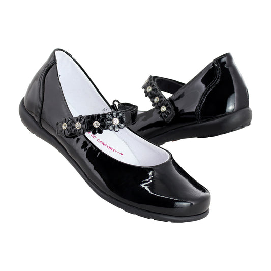 Zapato Escolar Niña 9719 Piel Charol Negro  con Flores y Piedras con Brillo