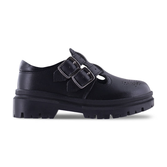 Zapato Escolar Niña 9940 Piel Negra con Doble Hebilla