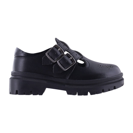Zapato Escolar Niña 9940 Piel Negra con Doble Hebilla
