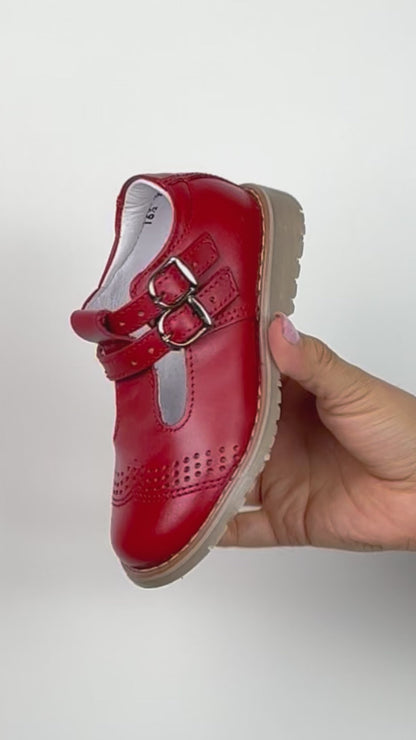 Zapato Escolar Niña 9553 Piel Rojo Doble Hebilla