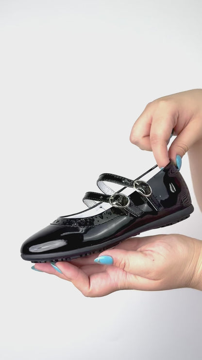 Zapato Escolar Niña 3826 Charol Negro Doble Látigo con Hebilla