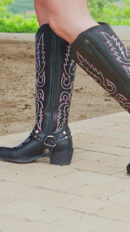 Bota Vaquera Alta Mujer 96532-RO Piel Negro con Bordado Rojo y Gris