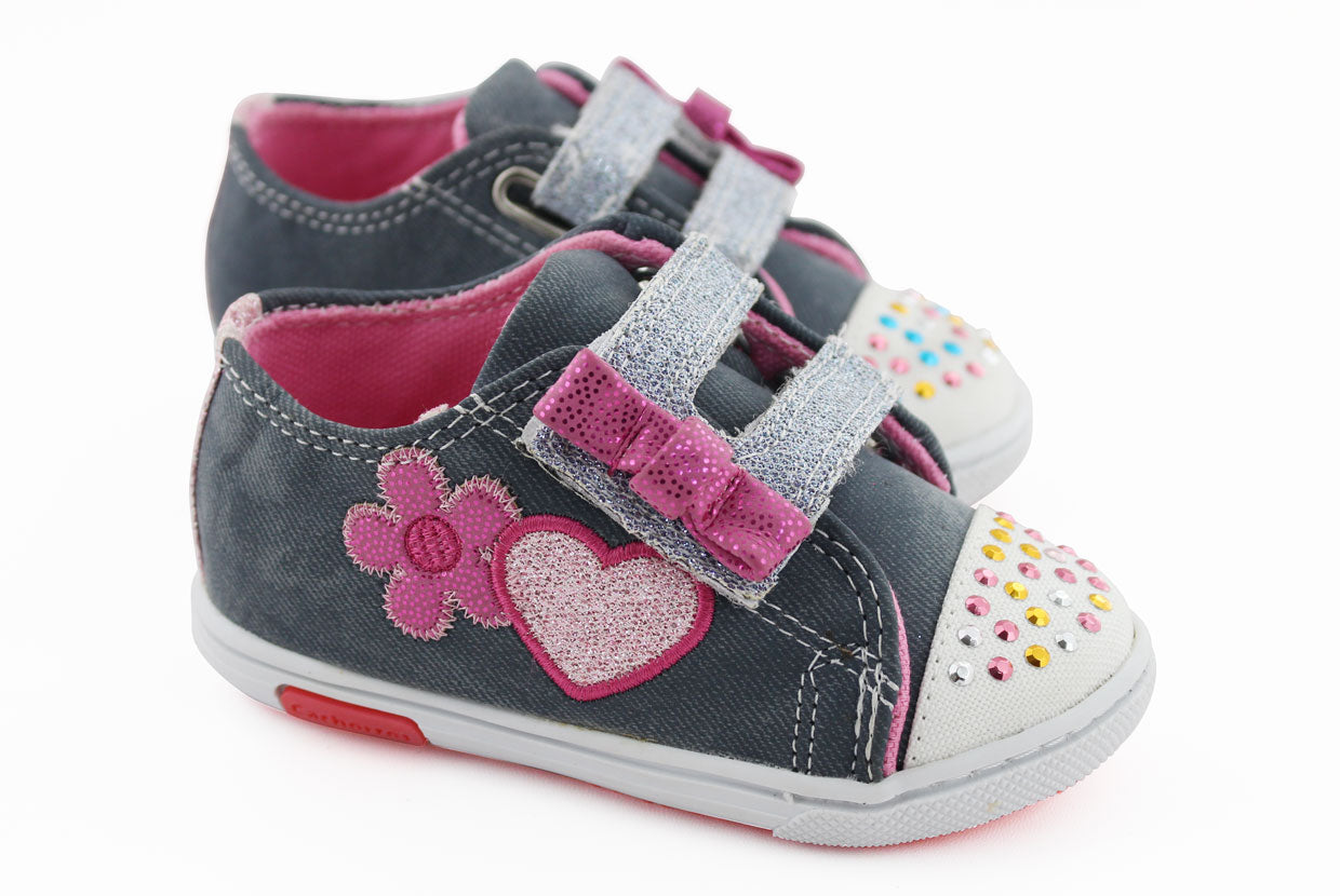 Tenis Niña 305 Azul Velcro con Corazón y Flor