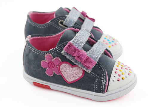 Tenis Niña 305 Azul Velcro con Corazón y Flor