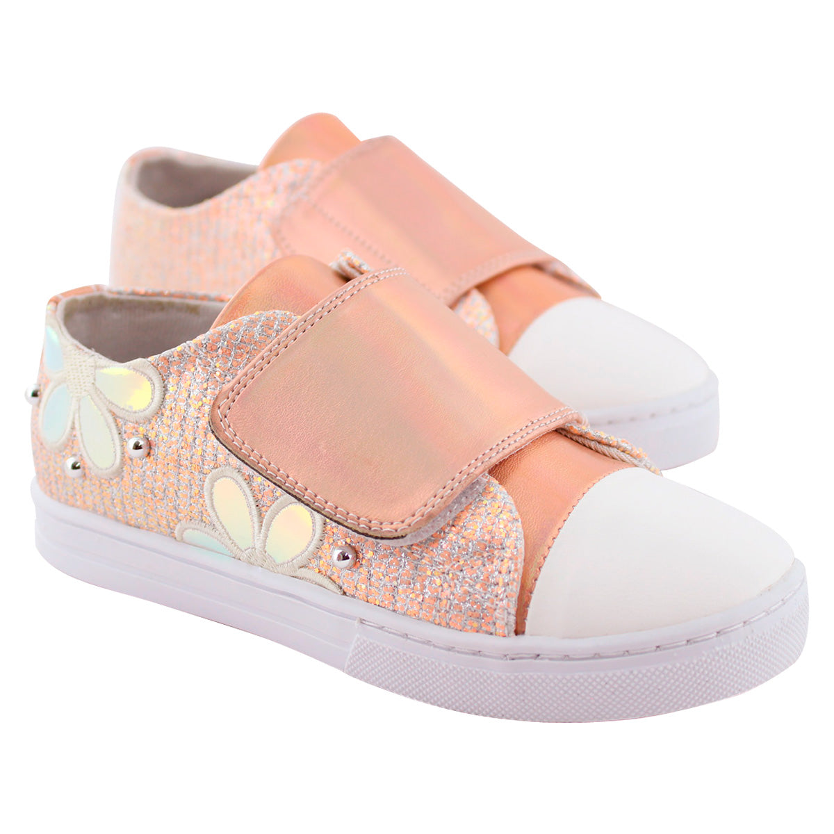 Tenis Niña 342 Rosa Flor Bordadas Brillos y Velcro