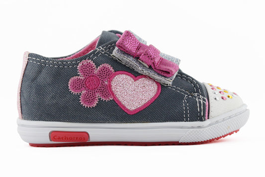 Tenis Niña 305 Azul Velcro con Corazón y Flor